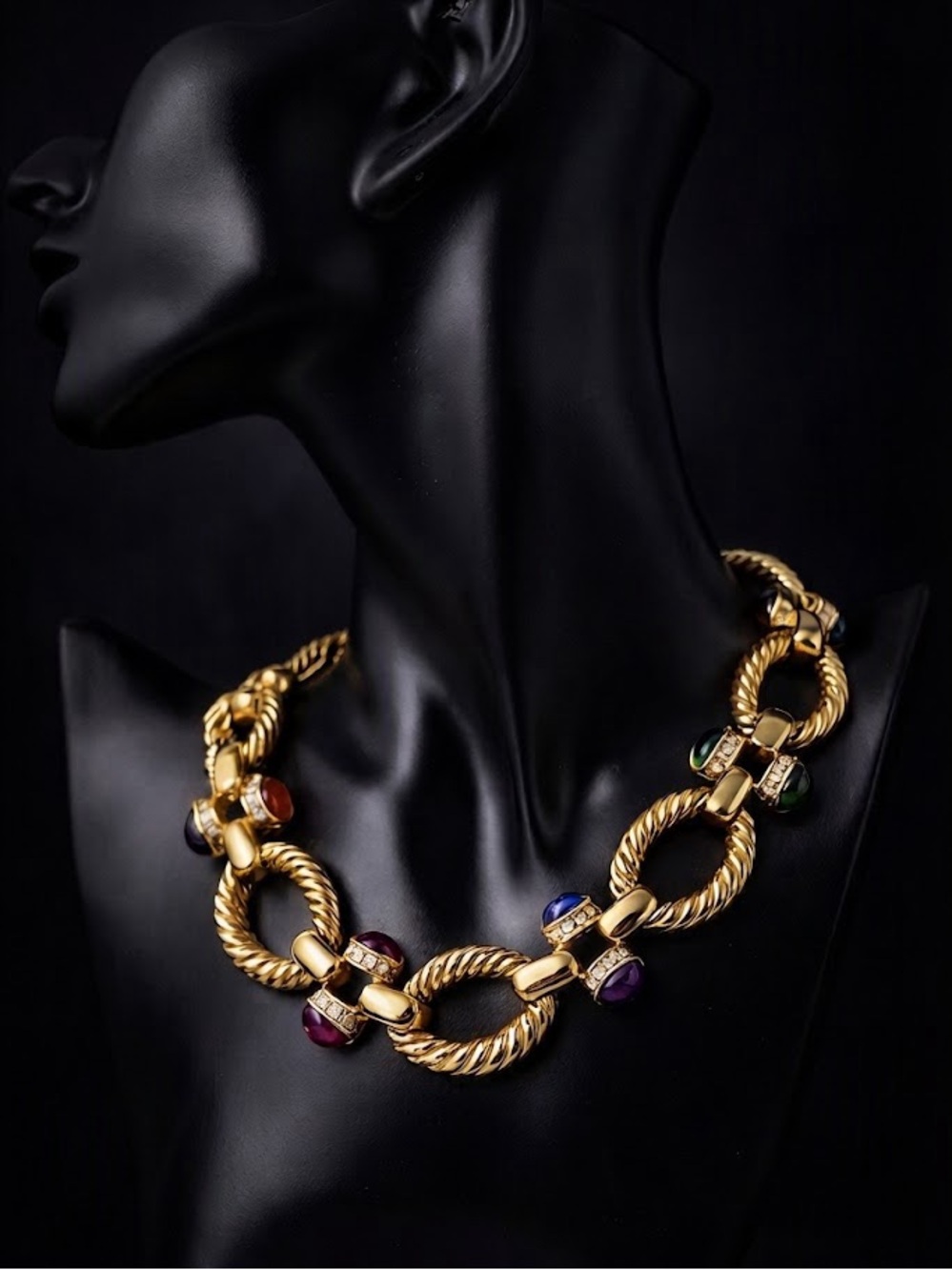 VTG 80s Chunky Gold Cabochon Link Collar Necklace Bold Runway Statement